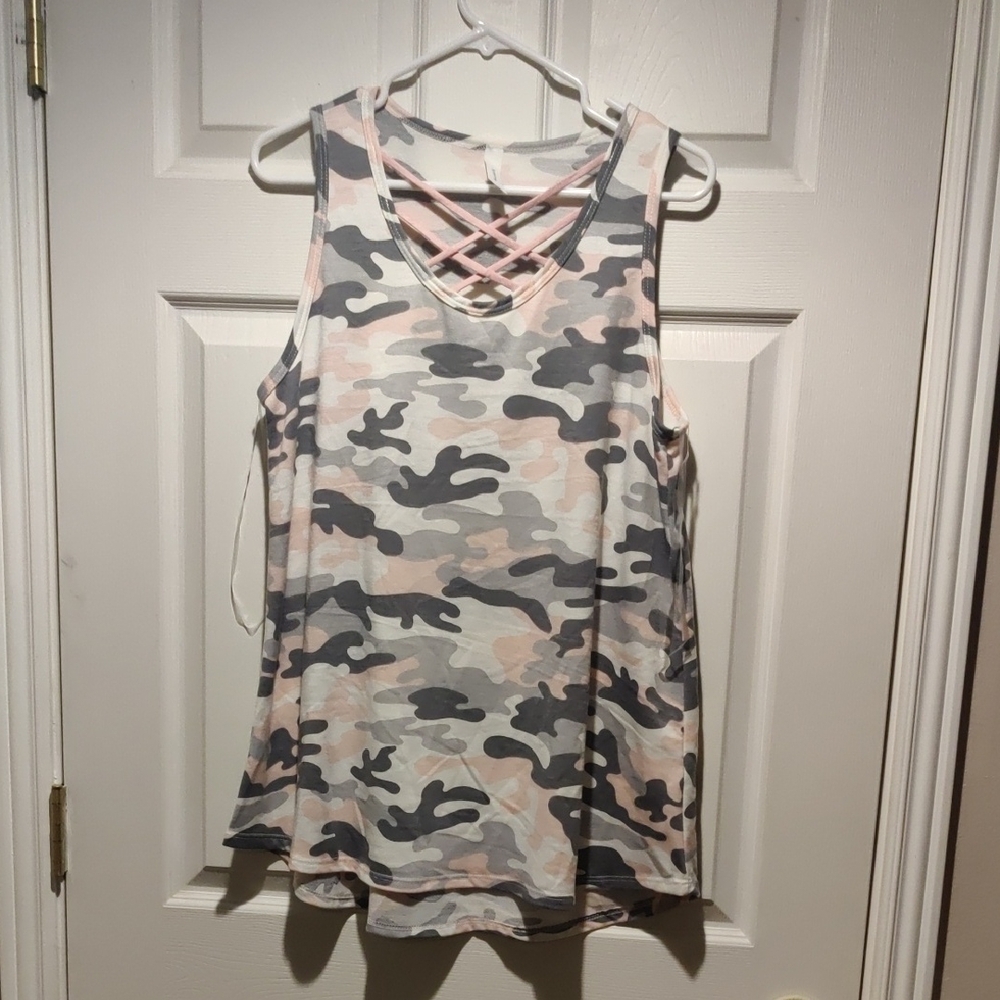 Honeyme Pink AndGray Camo Sleeveless Tank Top With Criss Cross Front Detail